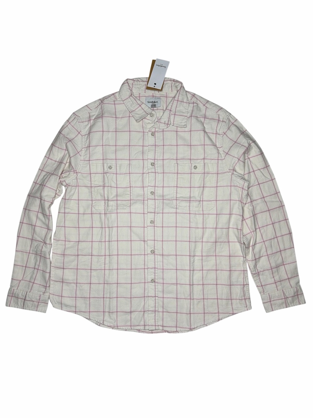 NWT Goodfellow & Co. Cream and Pink Plaid Flannel Button Down Shirt Size